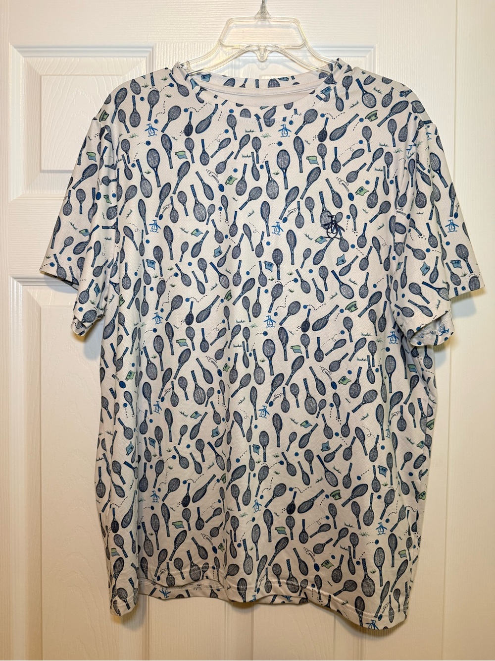 Original Penguin White Short Sleeve Tee with Navy Tennis Racket Print